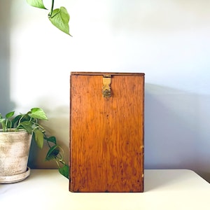 May include: A rectangular wooden box with a hinged lid and a brass clasp. The box is made of light brown wood with visible grain and is set against a white and light blue background. A potted plant is visible on the left.