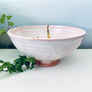 Signed 1990 Studio Pottery Bowl, Pink Glaze Gold Accents, Large 10 Inch Stoneware Decor