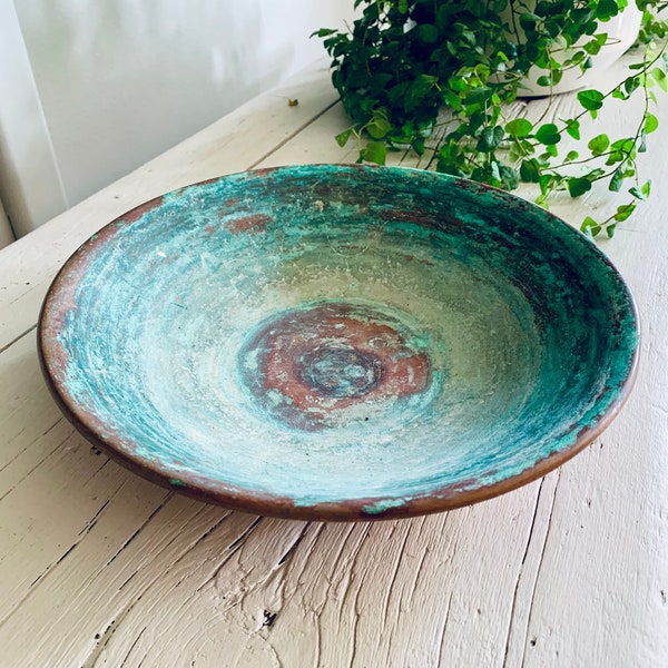 Vintage Copper Bowl with Turquoise Blue Patina