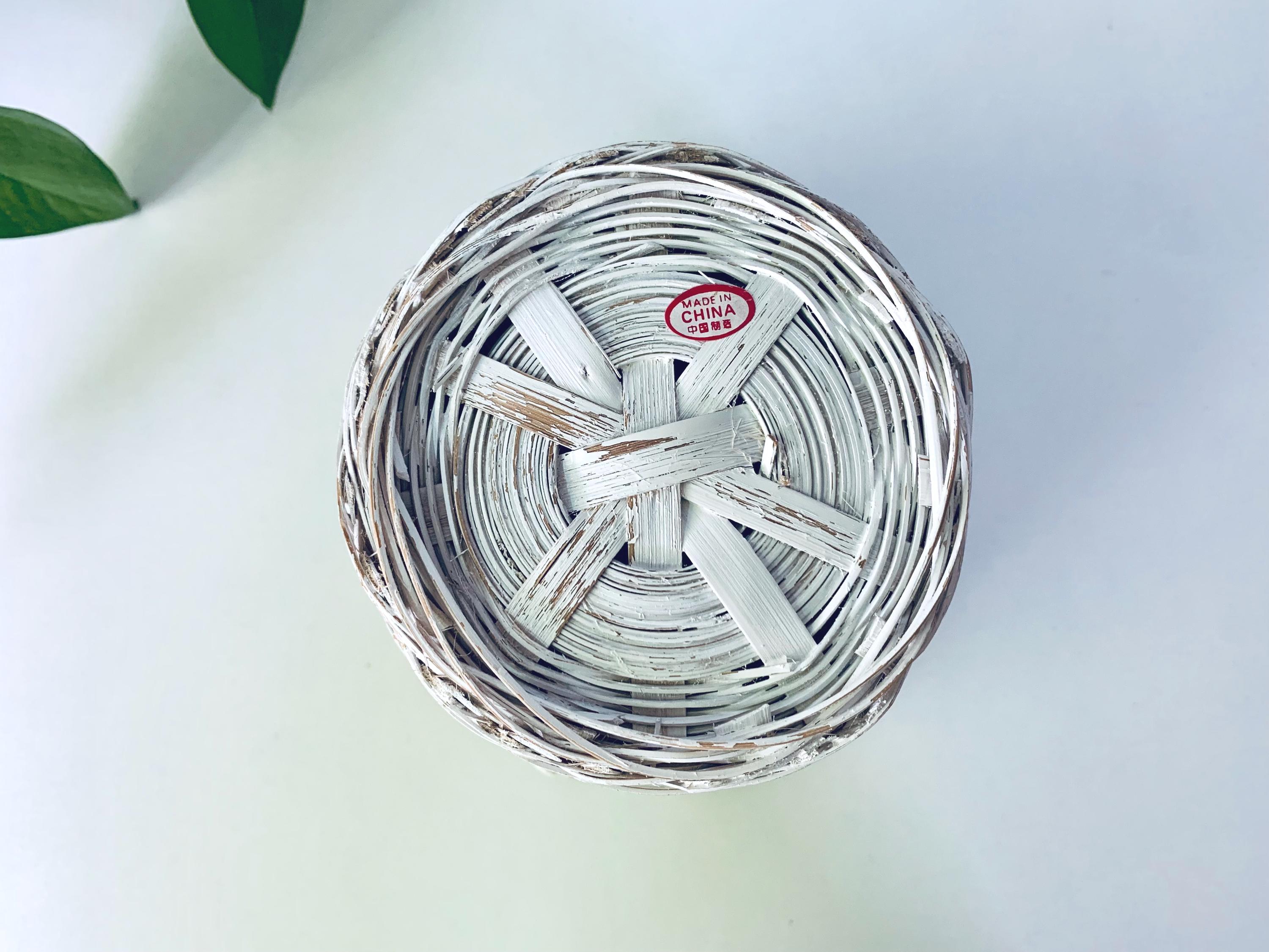 Vintage White Chippy Painted Wicker Basket With Floral Design