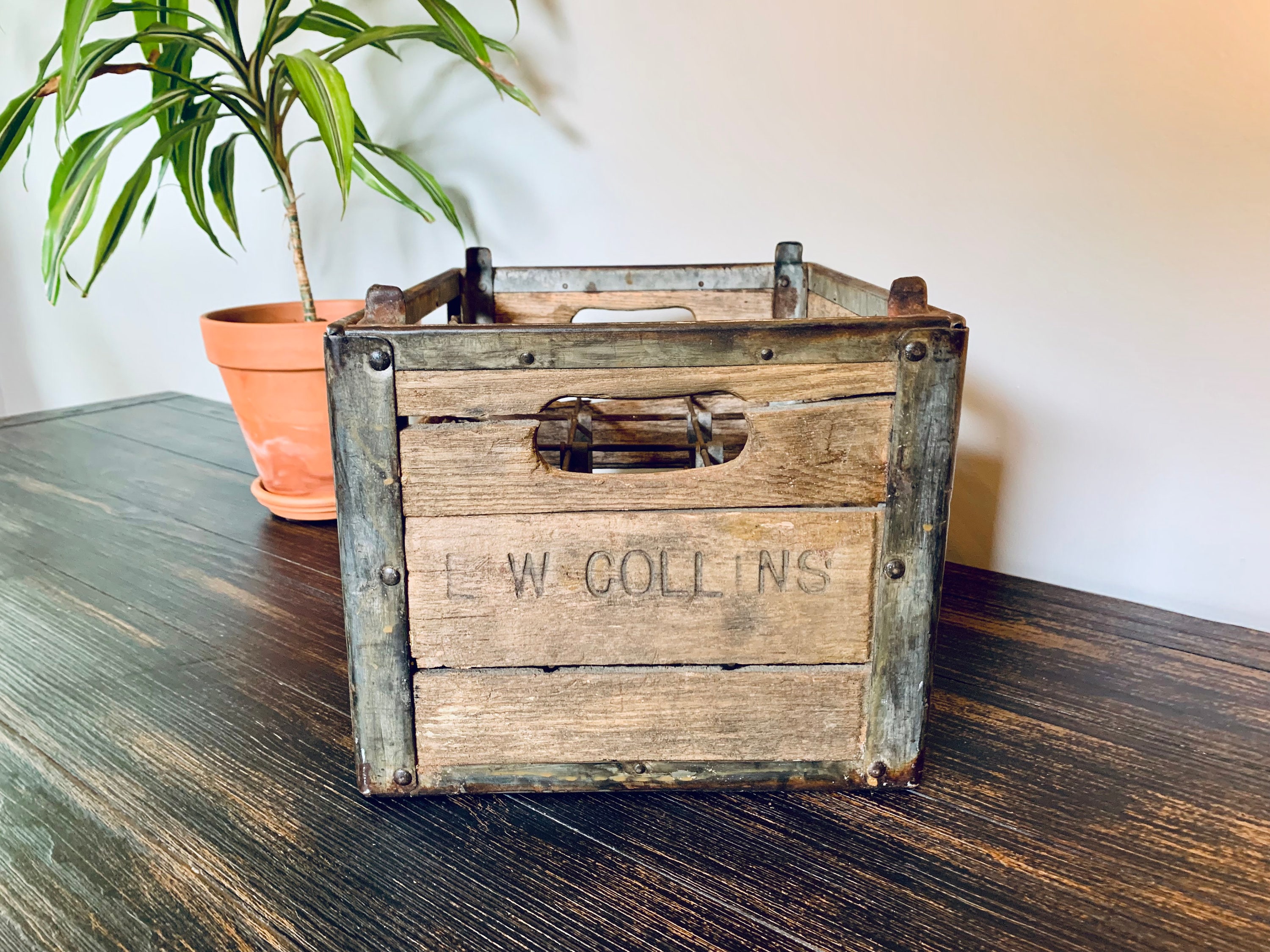 Vintage Milk Crate, LW Collins, Wood and Metal - Etsy