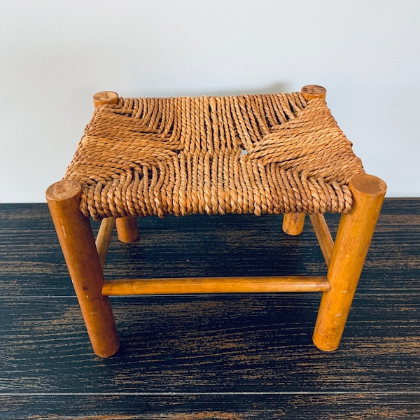 Vintage Mid Century Foot Stool with Woven Top
