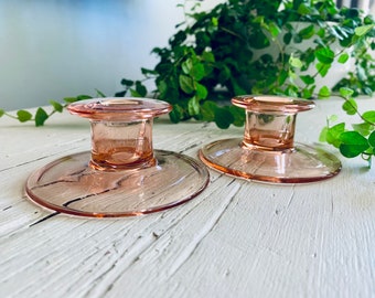 Pink Glass Candlestick Holders, Set of 2