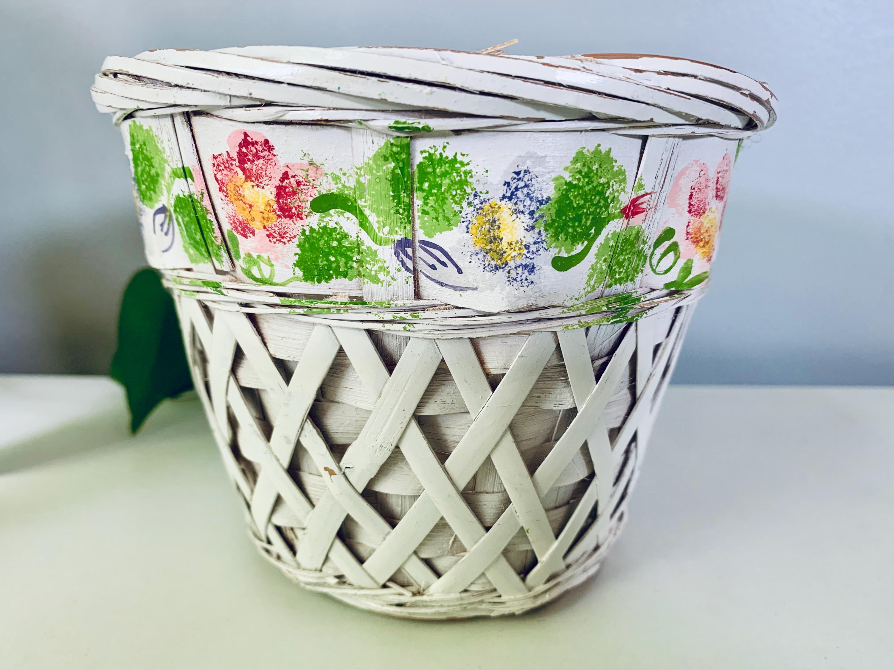 Vintage White Chippy Painted Wicker Basket With Floral Design