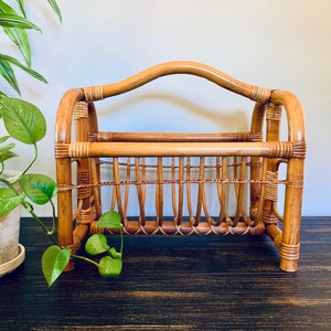 Large Vintage Mid Century Boho Style Bamboo Rattan Magazine or Record Holder