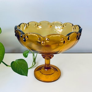 Vintage Large Indiana Glass Amber Glass Pedestal Bowl, Compote, Fruit, Candy Bowl, Teardrop Garland Fall Bowl
