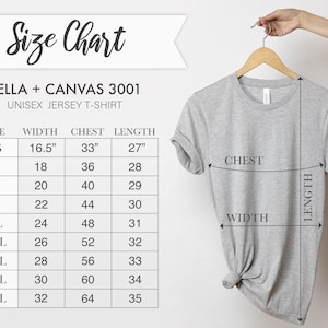 K&ouml;nnte beinhalten: Gr&ouml;&szlig;entabelle f&uuml;r Unisex-Jersey-T-Shirts von Bella + Canvas 3001. Die Tabelle zeigt die Ma&szlig;e in Zoll f&uuml;r die Gr&ouml;&szlig;en XS, S, M, L, XL, 2XL, 3XL, 4XL und 5XL. Die Ma&szlig;e umfassen Breite, Brustumfang und L&auml;nge.