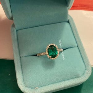 Halo Oval Emerald Ring- Sterling Silver Gemstone Engagement Ring For Women- Promise Ring- May Birthstone- Anniversary Birthday Gift For Her