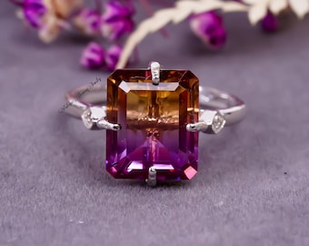 Anello con ametrina naturale in argento sterling 925, taglio smeraldo, ametrina biologica, anello di fidanzamento da donna, anello con ametrina, anello per donna
