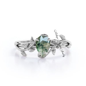 Elegant Moss Agate Ring Vintage Unique Twig Engagement Ring Leaf Cluster Pear Wedding Women Green Gemstone Natural inspired Branch Ring
