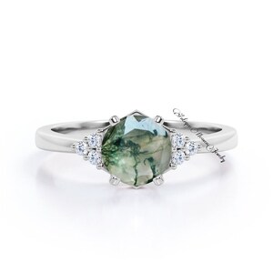 Moss Agate Ring, Round Ring, Engagement Ring, Moss Agate ring, Green Stone Ring, Moss Agate Cz Band Ring, Rings AAA