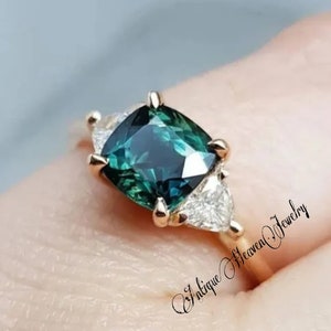 Ocean Teal Sapphire Ring, Cushion Cut Teal Sapphire Ring, 925 Sterling Silver Ring, Sapphire Engagement Ring, Lab Grown Teal Sapphire Ring