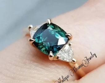 Ocean Teal Sapphire Ring, Cushion Cut Teal Sapphire Ring, 925 Sterling Silver Ring, Sapphire Engagement Ring, Lab Grown Teal Sapphire Ring
