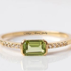 Peridot 14K Gold Ring, Halo Engagement Ring, Natural Peridot, Emerald Cut Peridot Ring