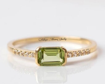 Peridot 14K Gold Ring, Halo Engagement Ring, Natural Peridot, Emerald Cut Peridot Ring