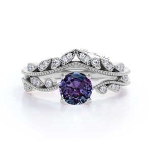 Silver Alexandrite Ring Set, Wedding Ring Set, Round Shaped Ring, Alexandrite Color Changing Stone, Engagement Women Ring, Gift For Her