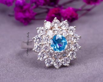 Natural Swiss Blue Topaz Ring Sterling Silver Gemstone Ring For Women - Promise Ring November Birthstone Wedding Gift For Women