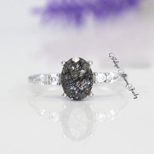 Natural Black Rutilated Quartz Ring, Oval Cut Black Quartz Ring, Minimalist Ring, Gift For Her, Art Deco Ring