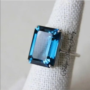London Blue Topaz Wedding Ring Art Deco Ring Emerald Cut London Blue Topaz Ring Handmade Ring Gift For Her