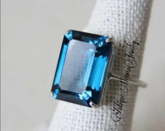 London Blue Topaz Wedding Ring Art Deco Ring Emerald Cut London Blue Topaz Ring Handmade Ring Gift For Her
