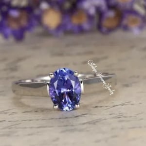 Anel de prata maciça com pedra preciosa de tanzanita natural, anel solitário de tanzanita, anel de casamento de tanzanita, anel com pedra de nascimento, anel feminino elegante