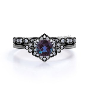 Silver Black Wedding Ring Set, Engagement  Ring Set, Purple Gemstone Ring, Alexandrite Engagement Ring, Gift For Women
