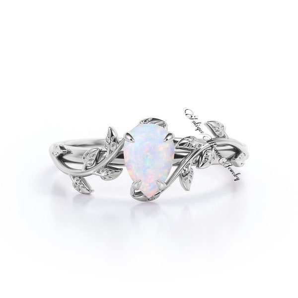 Leaf Opal Ring, Opal Stacking Ring, White Opal Pear Ring, Silver Opal Ring, Sterling Silver Opal Ring, Delicate Opal Ring, Bridesmaid Gift