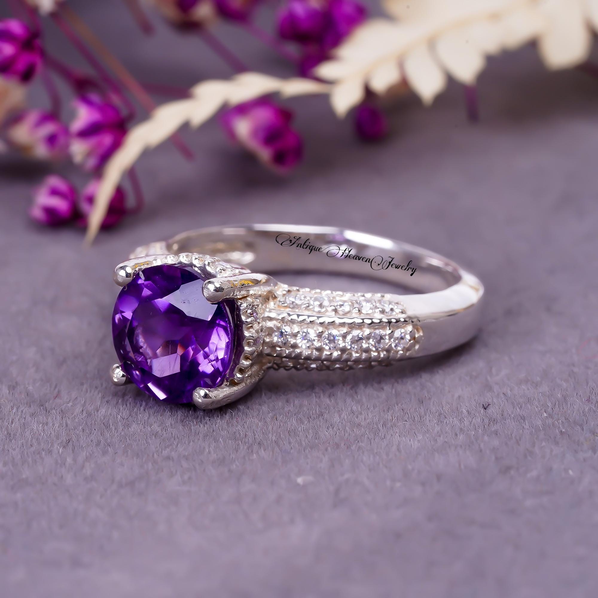 Genuine Round Amethyst Ring, Purple February Birthstone 925