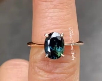 Oval Cut Green Sapphire Engagement Ring Teal Sapphire Engagement Ring Art Deco Ring Promise Bridal Wedding Ring Women