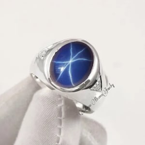 Star Genuine Blue Star Sapphire, 925 Sterling Silver Ring Men&#39;s Star Ring