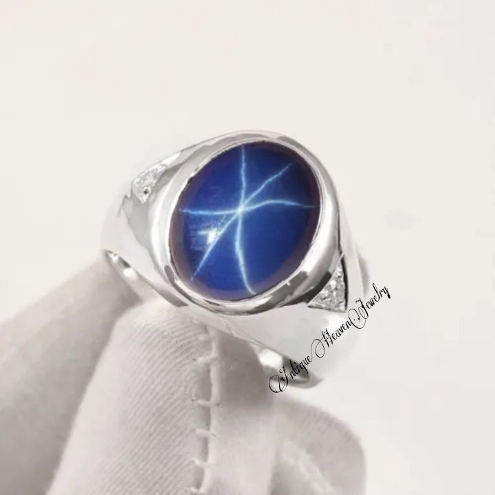 Star Genuine Blue Star Sapphire, 925 Sterling Silver Ring Men's Star Ring