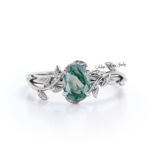 Minimalist Moss Agate Oval Cut Solitaire Ring, Dainty Promise Ring, Nature Inspired Wedding & Engagement Ring, Anniversary Gift For Her