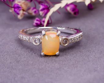 Opal Cabochon Ring, Sterling Silver, Fire Opal Ring, Ethiopion Opal Ring, October Birthstone Ring, Natural Opal Ring, Opal Jewelry