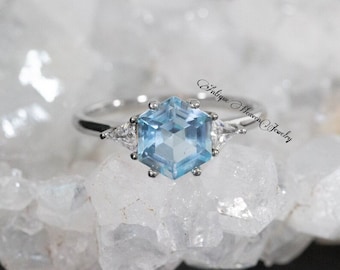 Natural Swiss Blue Topaz Ring 925 Sterling Silver Hexagon Cut Swiss Blue Topaz   Cocktail Ring Swiss Topaz  Swiss Topaz November Birthstone