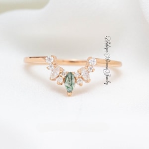 Curved Moissanite Wedding Band, Eternity Band, Minimalist Moss Agate Band, 14k Rose Gold Band, Bridal Ring Set