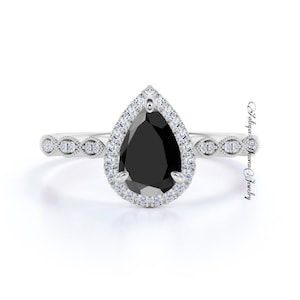 Black Onyx Wedding Ring 2ct Pear Cut Solid Silver Engagement Ring Cluster Ring Moissanite Bridal Ring Promise Ring Anniversary Gift