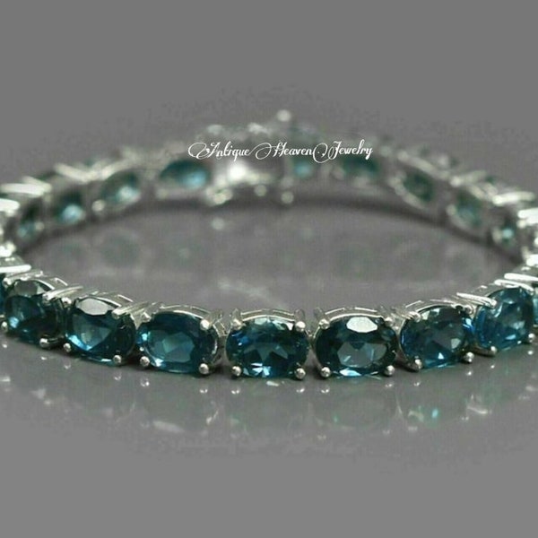 Bracelet London Blue Topaz in 925 Silver, Oval Cut Tennis Bracelet, Blue Gemstone Bracelet, Wedding Gift, Gift For her