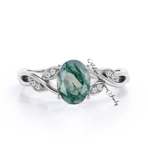 Vintage Real Green Moss Agate Ring- 925 Sterling Silver Engagement Ring For Women- Promise Ring Green Gemstone Anniversary Gift For Her