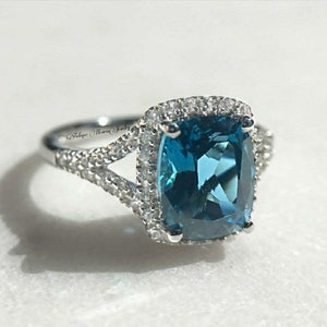 Genuine London Blue Topaz Ring, Cushion Cut, Sterling Silver, Anniversary Ring, Gifts for Mom