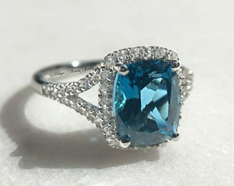 Genuine London Blue Topaz Ring, Cushion Cut, Sterling Silver, Anniversary Ring, Gifts for Mom