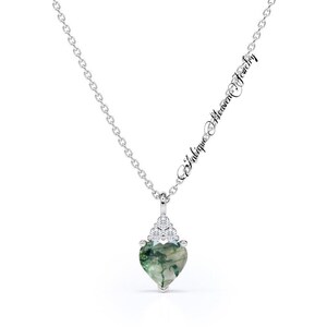 Heart Shaped Green Moss Agate Necklace Sterling Silver / 925 Silver Moss Agate Heart Cut Pendant for Women&#39;s