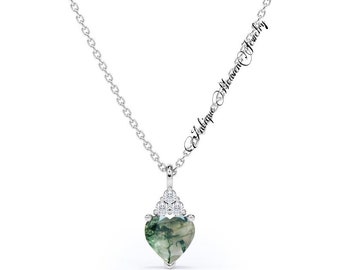 Heart Shaped Green Moss Agate Necklace Sterling Silver / 925 Silver Moss Agate Heart Cut Pendant for Women's