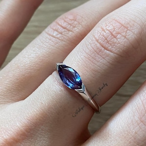 Alexandrite Engagement Ring Marquise Cut Solitaire Ring Sterling Silver June Birthstone