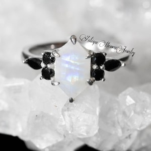 Hexagon Cut Moonstone Ring - Black Onyx Gemstone -Engagement Ring - June stone - Black Ring - Unique Engagement Ring