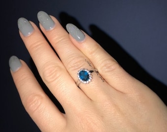 Halo Style, London Blue Topaz Ring, Wedding Gift Ring, Blue Topaz, Promise Ring, Engagement Ring, Silver Jewelry, 925 Sterling Silver