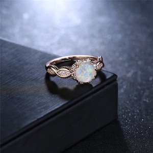 Fire Opal Dainty Ring, Opal Stacking Ring, White Opal and CZ Ring, Rose Gold Opal Ring, Sterling Silver Opal Ring, Gift For Her