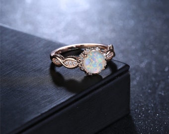 Fire Opal Dainty Ring, Opal Stacking Ring, White Opal and CZ Ring, Rose Gold Opal Ring, Sterling Silver Opal Ring, Gift For Her