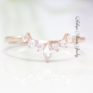 Geschwungener Ehering Frauen Vintage 14K Rosegold Marquise Schnitt Diamant Moissanit Hochzeit Band Einzigartige Braut Stapeln Versprechen Geschenk