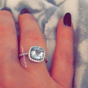 Genuine Sky Blue Aquamarine Ring Sterling Silver Engagement Ring Cushion Cut Sky Blue Gemstone March Birthstone Ring