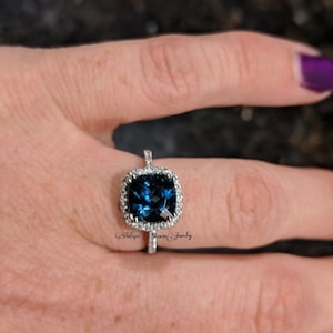Cushion Cut Blue Gemstone Halo Ring, London Blue Topaz Wedding Ring, Sterling Silver, November Birthstone